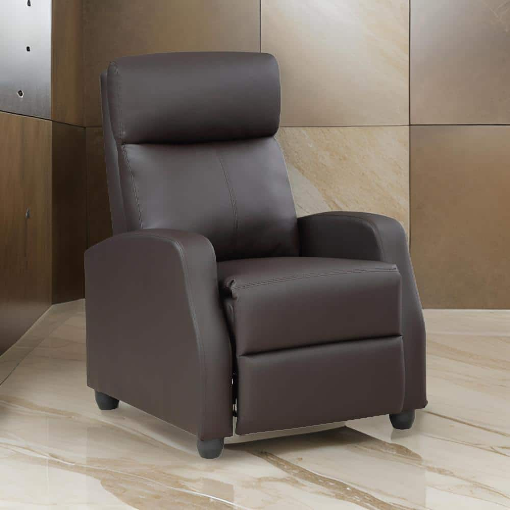 Jiana 35 Inch Push Back Recliner Chair, Brown Faux Leather, Solid Wood