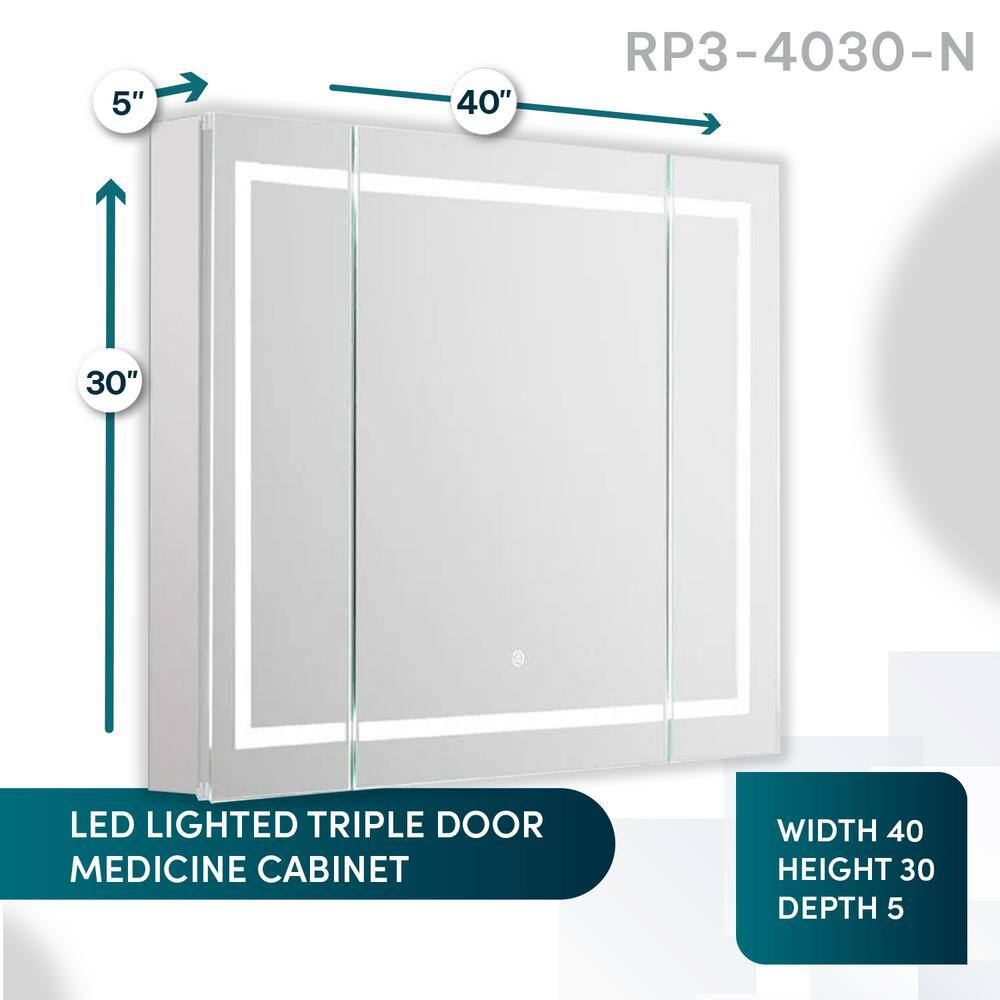 Royale Plus 40 in. W x 30 in. H Clear Recessed/Surface Mount Medicine Cabinet with Mirror, Tri-View Doors, LED, Defogger