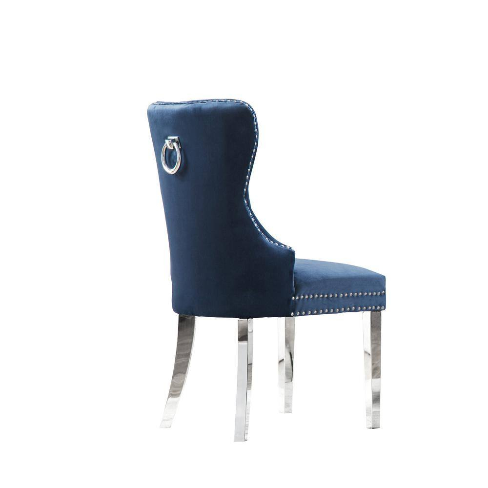 Tufted Navy Blue Velvet Side Chairs with Silver Stainless Steel (Set of 2)