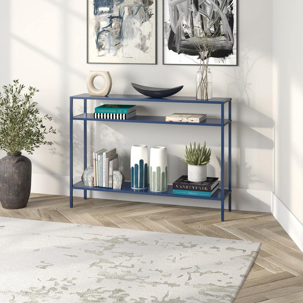 Evelyn&Zoe Ricardo 42" Wide Rectangular Console Table with Metal Shelves, Mykonos Blue