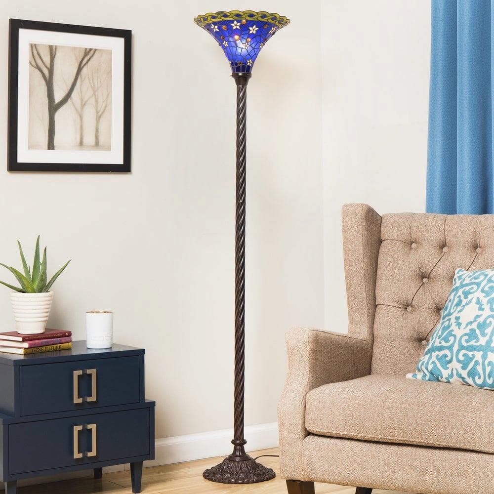 Elegant Blue Star 72" Stained Glass Torchiere Floor Lamp