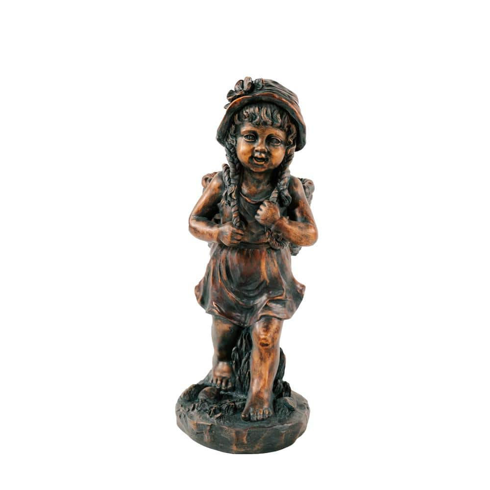 24in.H Faux Bronze Magnesium Oxide Walking Girl Garden Statue w/Small Flower PlantPot, Outdoor, Natural Design Sculpture