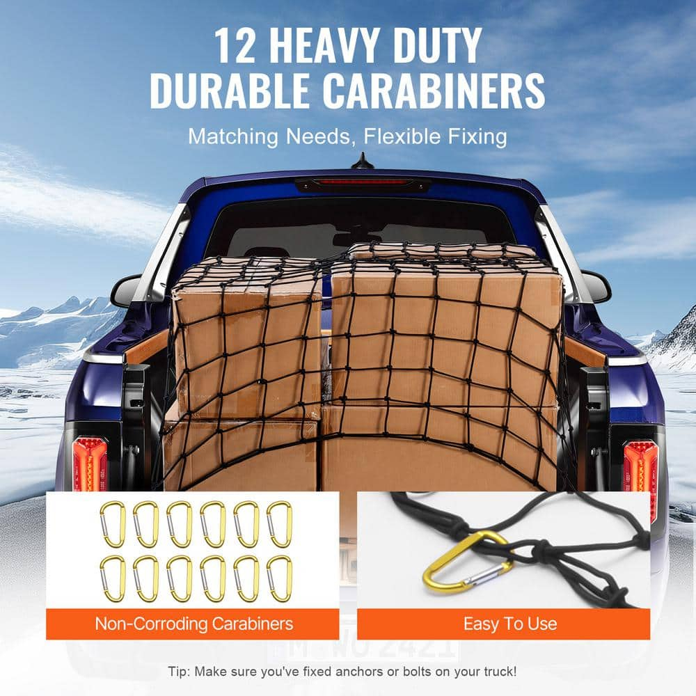 VEVOR Cargo Net for Pickup Truck Bed 4' x 6' Stretches to 7.2' x 10.8', Small 4"x4" Latex Bungee Net Mesh with 12 Steel D-Shaped Carabiners, Storage Bag, Suitable for Pickup, Jeep, SUV, Trailer
