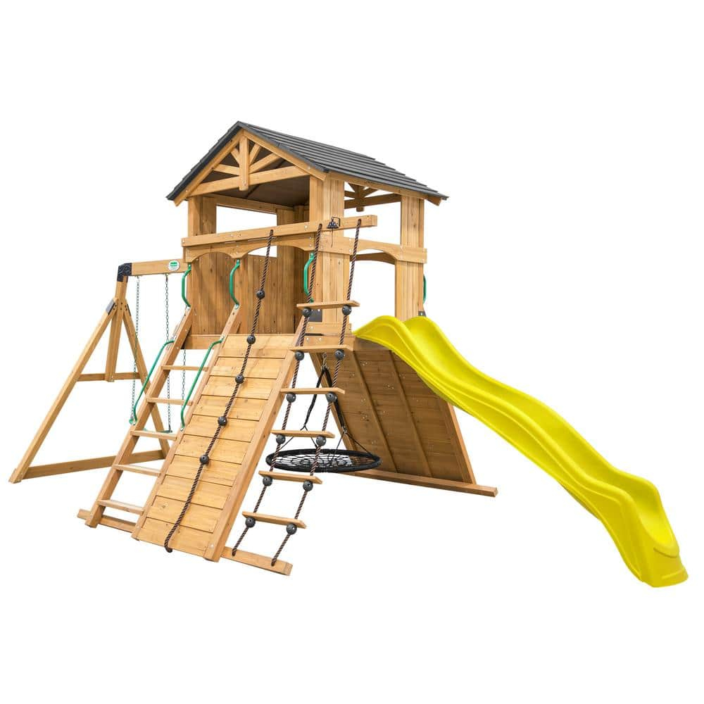 Backyard Discovery Endeavor Cedar Wood Swing Set, Slide, Play Deck, Rock Wall, Rope Ladder