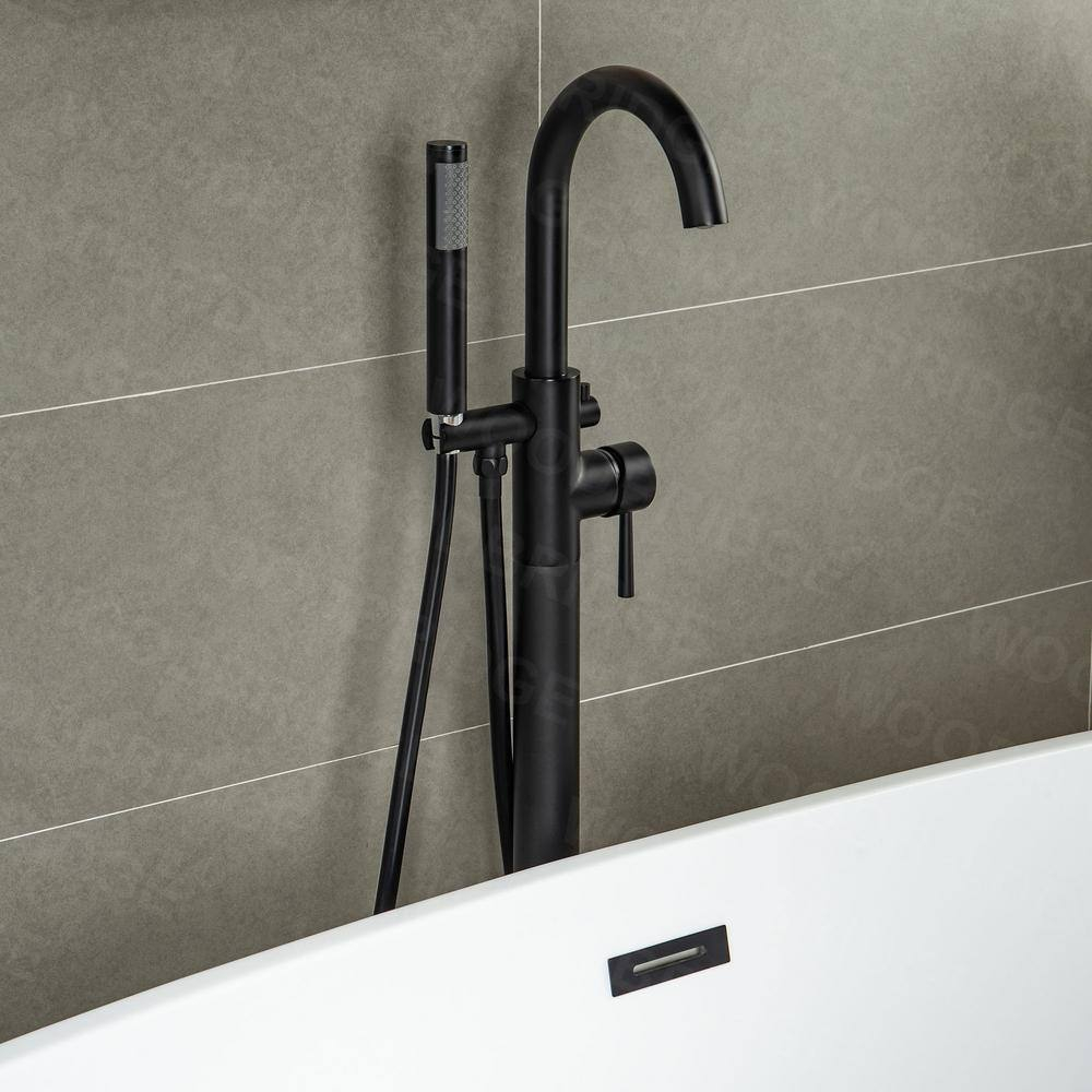 WOODBRIDGE 67" Acrylic Freestanding Bathtub Contemporary Soaking White Tub with Matte Black Overflow and Drain,B0010-MB-Drain &O