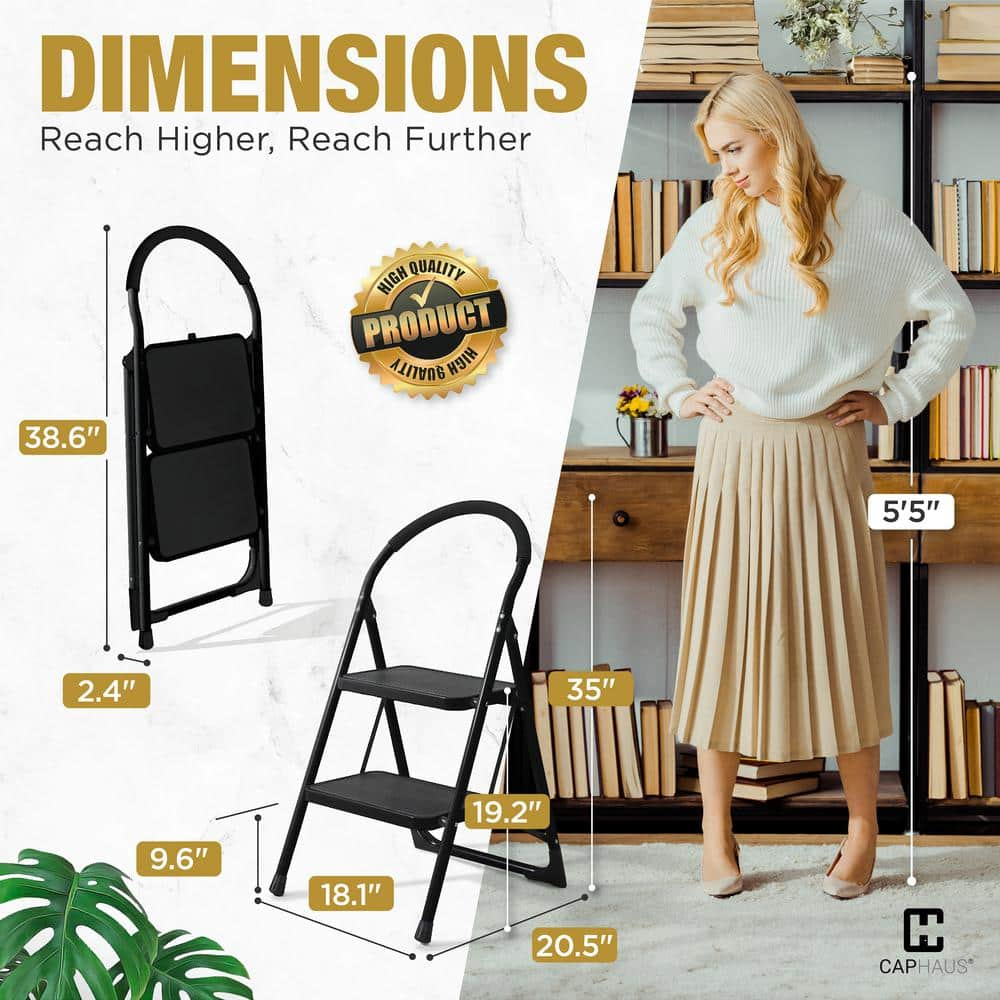 CAPHAUS 2-Step Ladder, Portable Folding Step Stool with Extra Wide Anti-Slip Pedal, Heavy Duty Foldable Small Step Ladder with Hand Grip, ANSI A14.11 Certified Sturdy Step Stool, Black