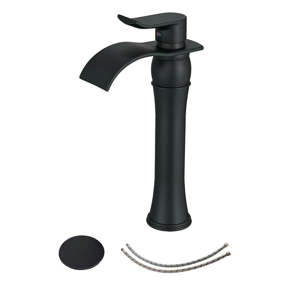 Homevacious Bathroom Vessel Sink Faucet Waterfall,Matte Black Bathroom Faucet Single Handle,Single Hole Bowl Vanity Sink Faucet,with Pop Up Drain and Supply Lines,Commercial Lavatory Mixer Tap
