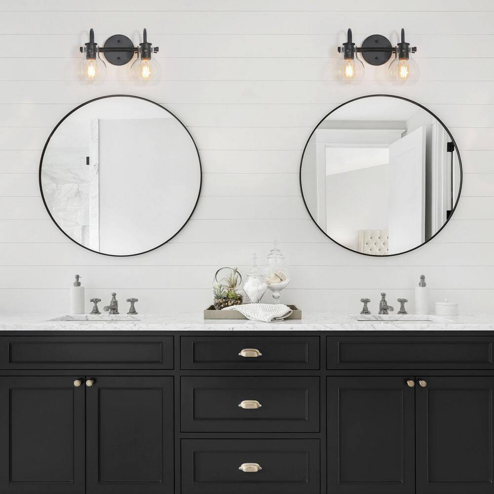 13" Black Metal Vanity Light with Clear Glass Globe Shades