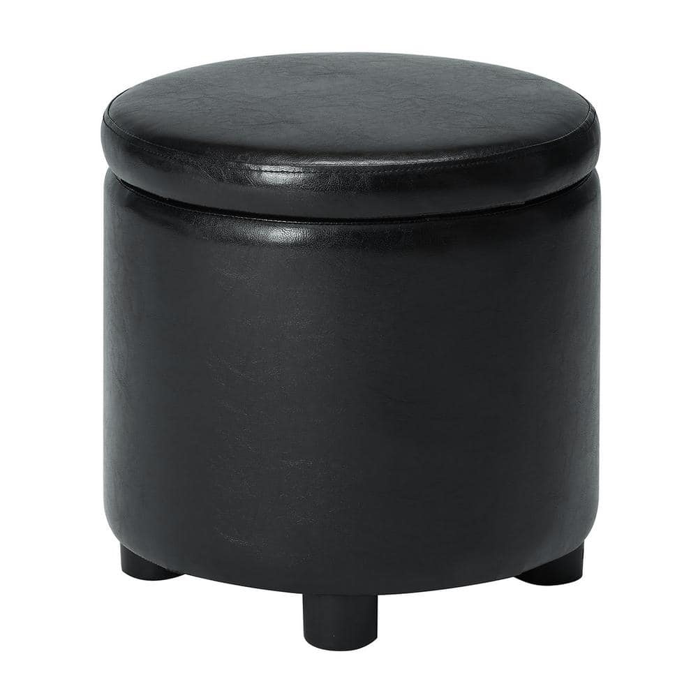 Convenience Concepts Designs4Comfort Round Accent Storage Ottoman with Reversible Tray Lid, Black Faux Leather