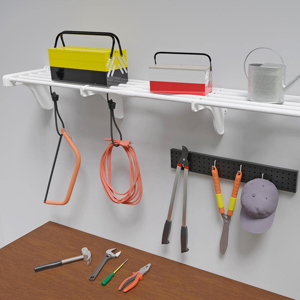 EZ Shelf-Expandable-Garage Shelf- -White- Easy to Install -Strong (up to 250 Lbs)- Wire Shelving Alternative –Wall Mounted Garage Shelf Organizer (White, 40.5" - 75")