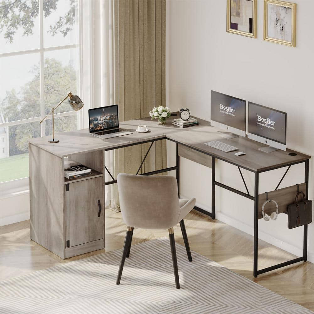 Bestier Reversible 60 inches L Shaped Computer Desk with Storage Cabinet Long Desk for 2 Person Wash Grey