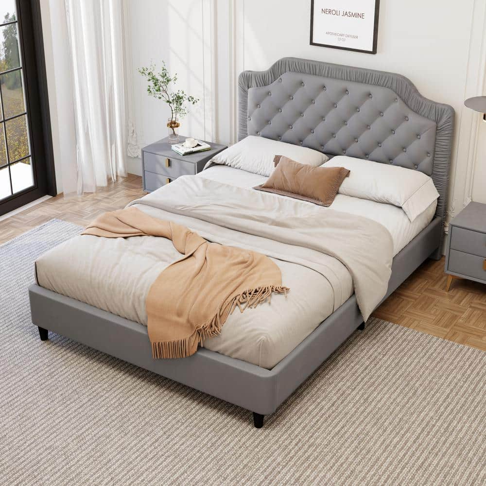 Gray Velvet Full Size Upholstered Bed with Tufted Headboard
