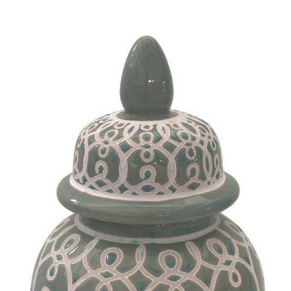 Olive Green Ceramic Temple Jar with Intricate Geometric Pattern
