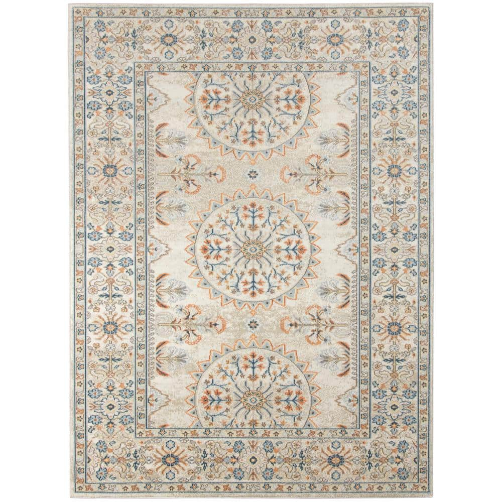Bohemian 9x12 Area Rug Beige Polypropylene Rectangle Low Pile Bordered Pattern Rugs for Living Room Dining Room Bedroom