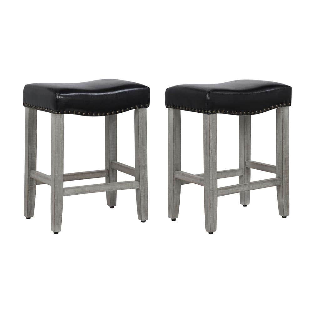 24" Inch Upholstered Saddle Seat Bar Stool (Set of 2), Antique Gray/Leather
