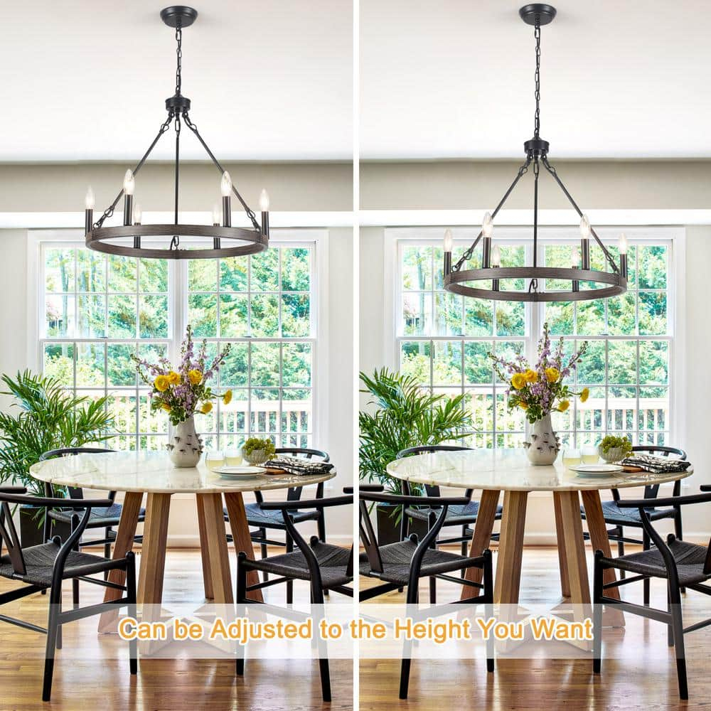 22.04 in. 6-Light Black Rustic Farmhouse Chandelier, Wagon Wheel Chandelier for Dining Room Living Room Bedroom Kitchen Black