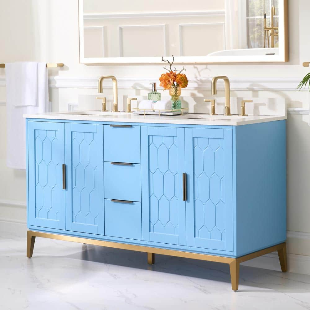 60 in Blue Solid Wood Double Sink Vanity with White Quartz Top