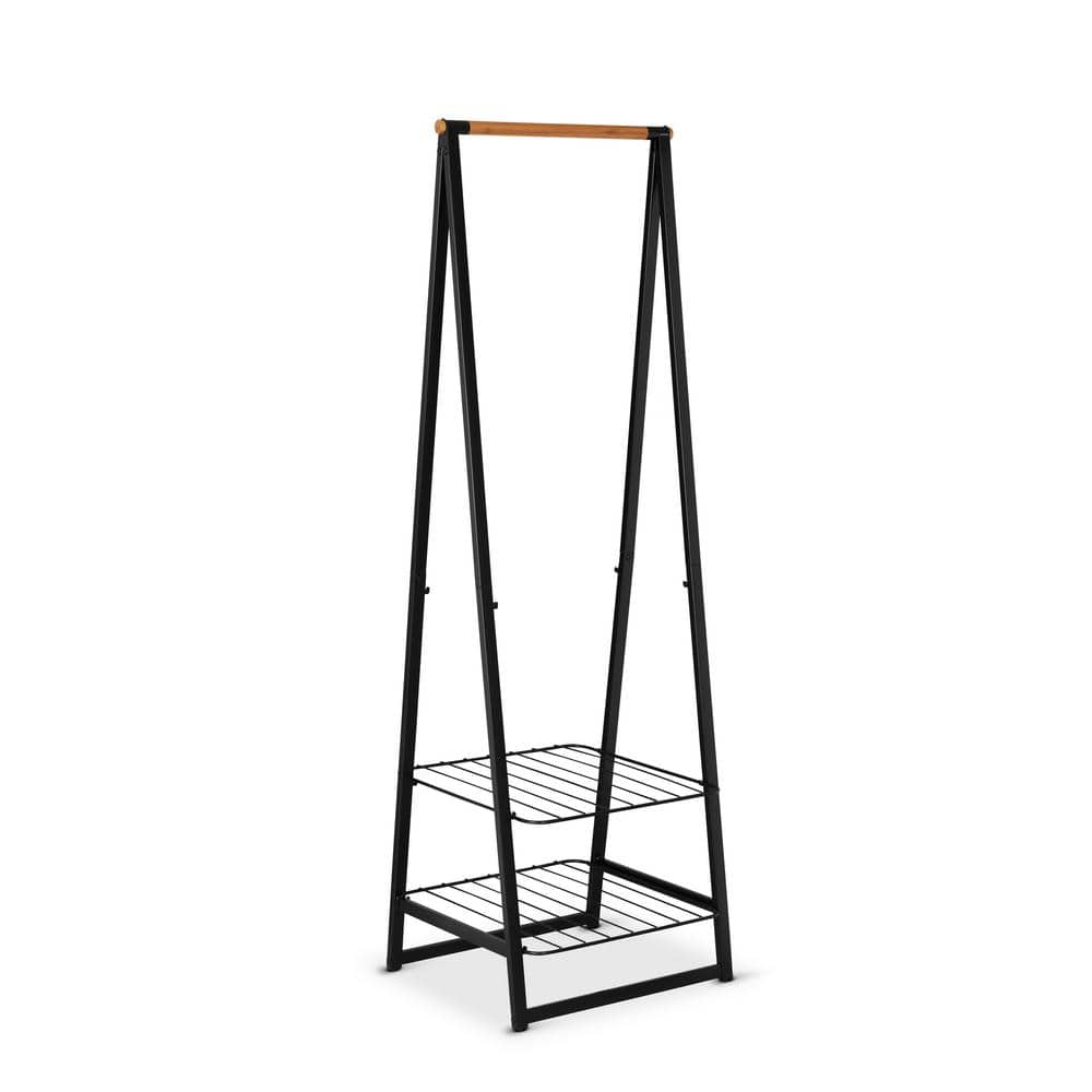 Black Steel and Bamboo Freestanding Garment Rack with Adjustable Shelves