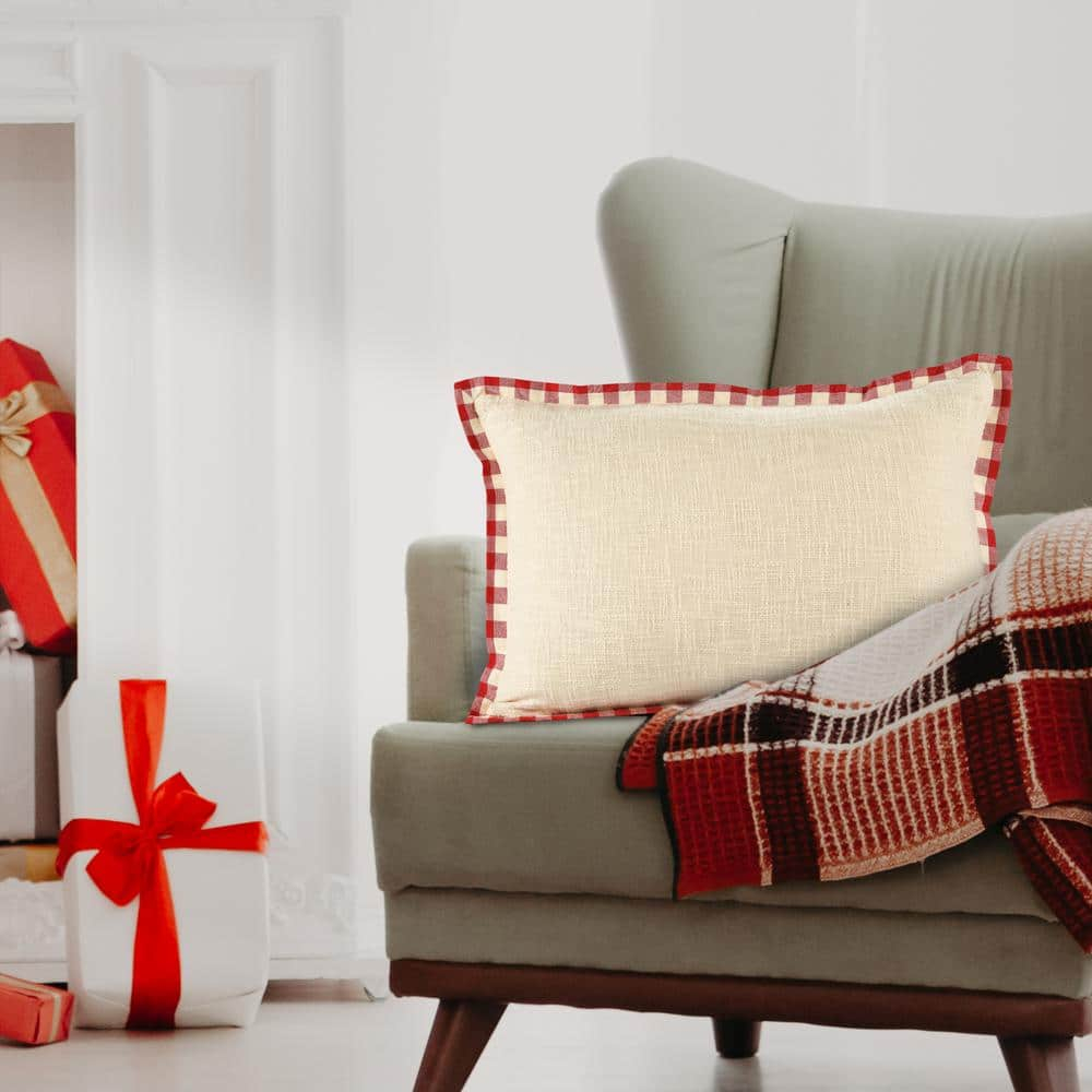 Buffalo Ivory / Red 16 in. x 24 in. Plaid Bordered Lumbar Indoor Throw Pillow