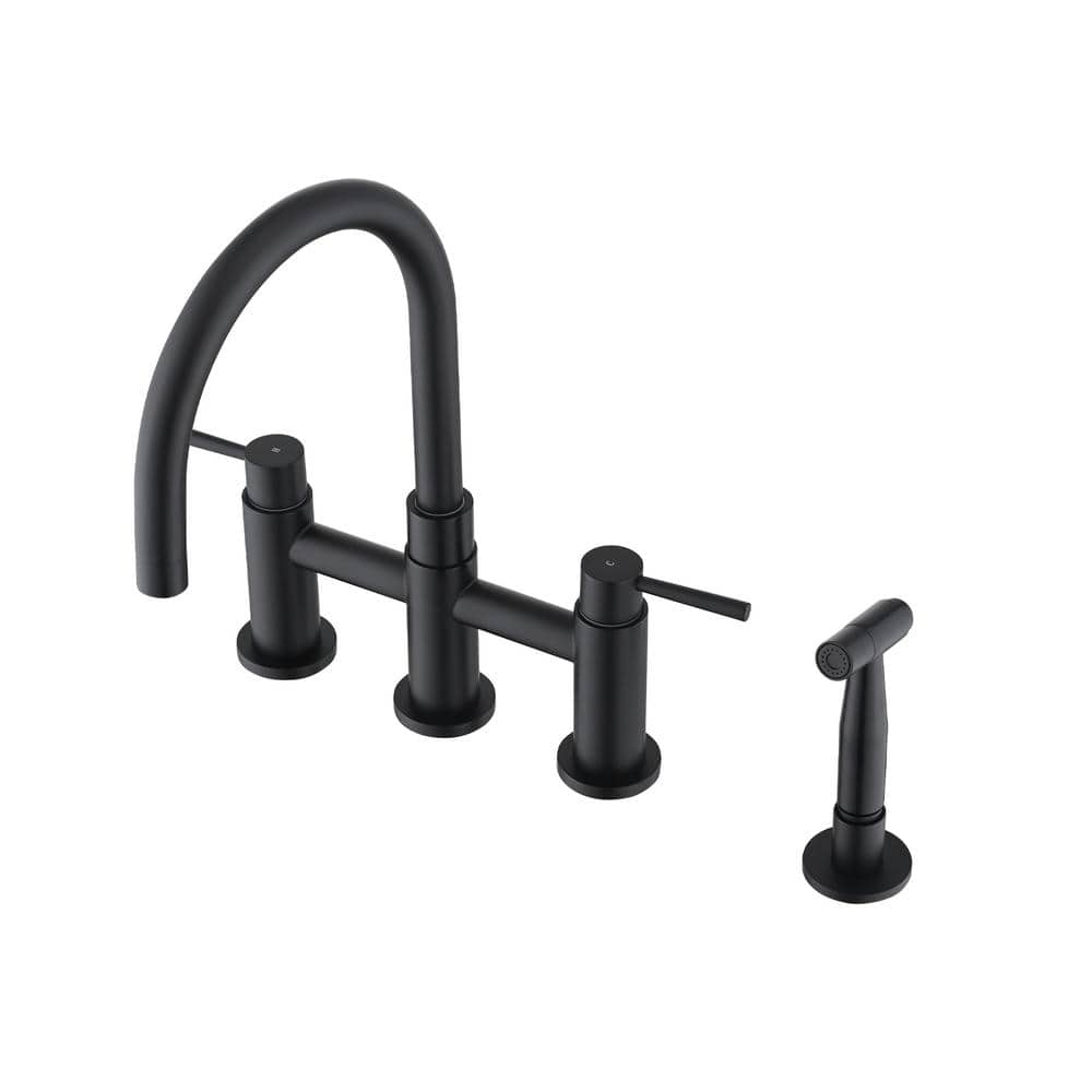 Double Handle 360° swivel Bridge Kitchen Faucet with side sprayer in Matte Black