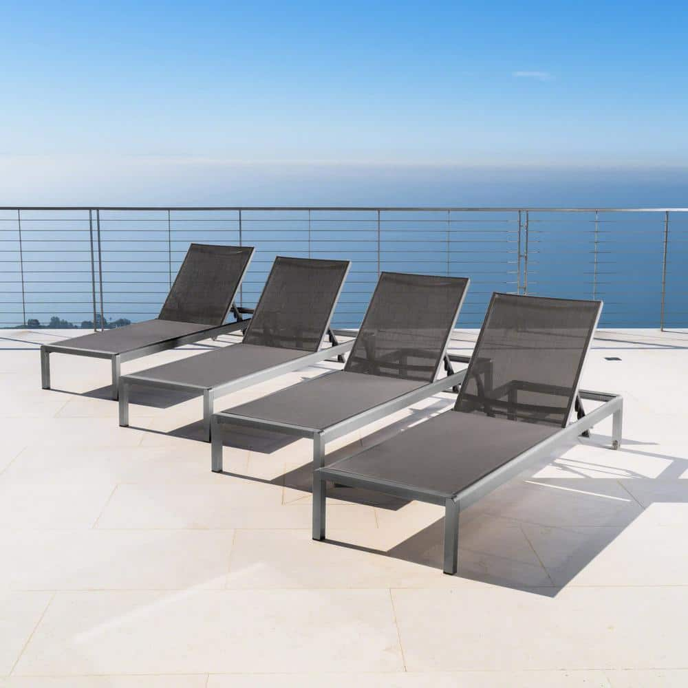 Miller Outdoor Aluminum Chaise Lounge with Dark Grey Mesh Seat, Set of 4, Grey