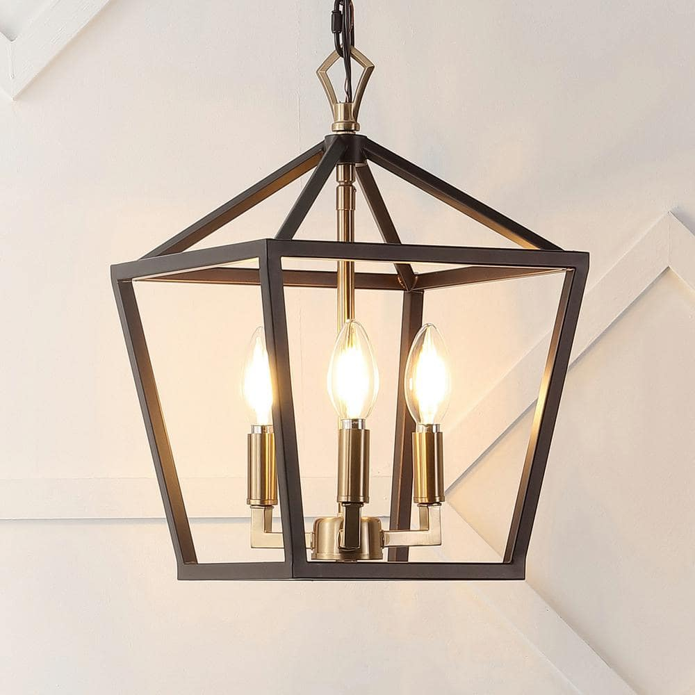 Ojai 10" 3-Light Iron Classic Modern Lantern LED Pendant, Oil Rubbed Bronze/Brass Gold