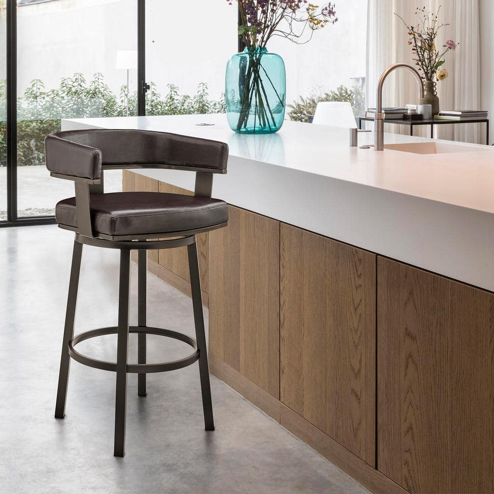 Cohen 26" Counter Height Swivel Bar Stool in Java Silver Finish and Chocolate Faux Leather