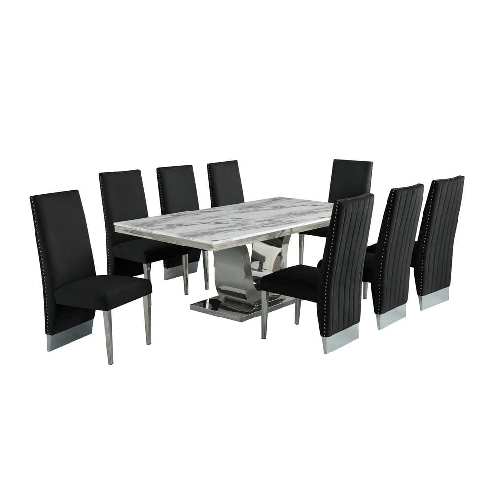 Silver Stainless Steel 9 Piece Dining Set with Marble Table and Black Chairs