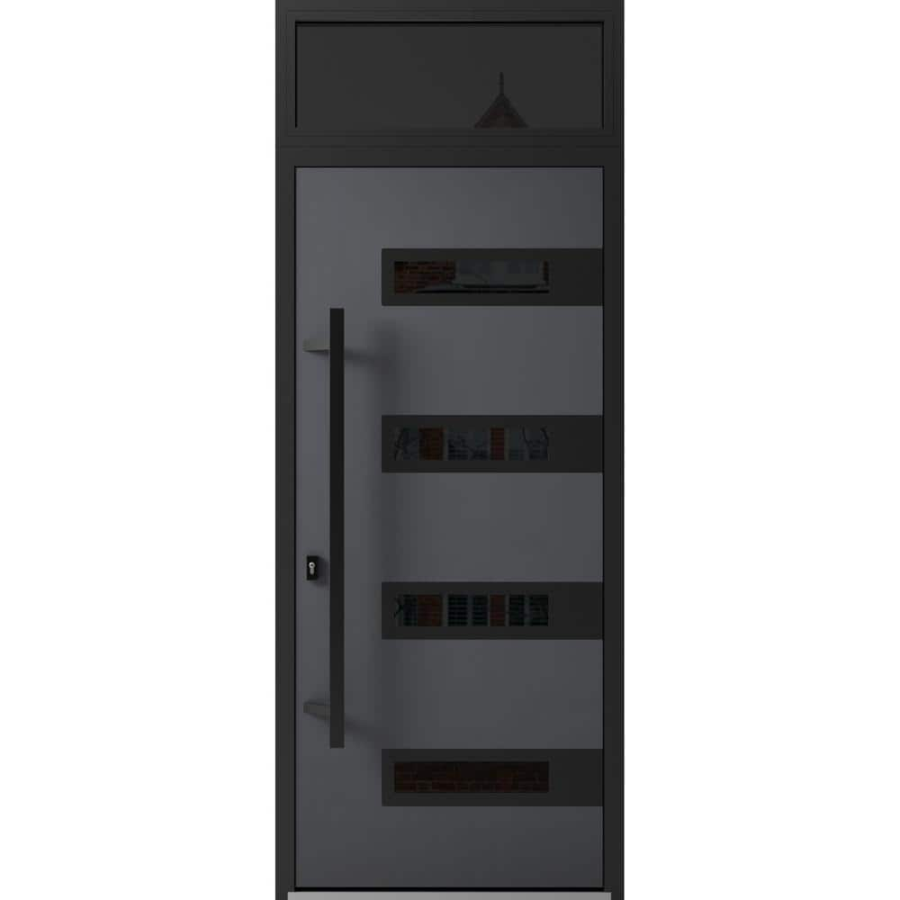 Front Exterior Prehung Steel Door / Ronex 0130 Grey / 2 Side and Top Exterior Window Sidelite / Entry Metal Modern Painted W14+36+14" x H80+16" Left hand Inswing