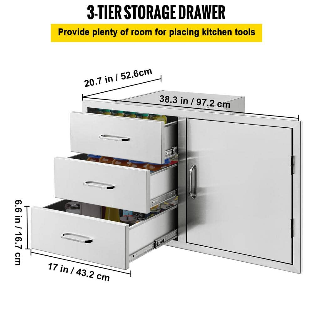 Outdoor Kitchen Drawers Stainless Steel BBQ Access Drawers with Handle 38.1 in. W x 22.6 in. H x 20.8 in. D