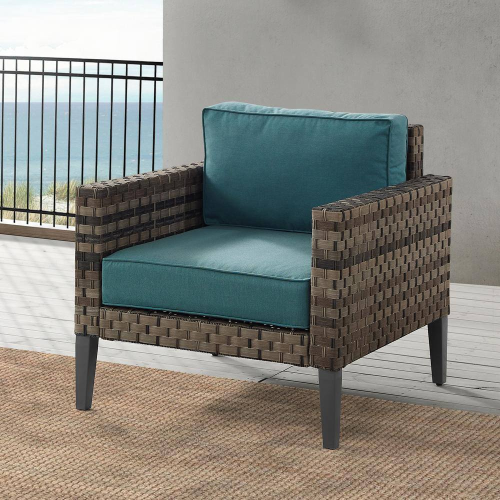 Crosley Furniture Prescott Modern Wicker Outdoor Armchair in Mineral Blue/Brown
