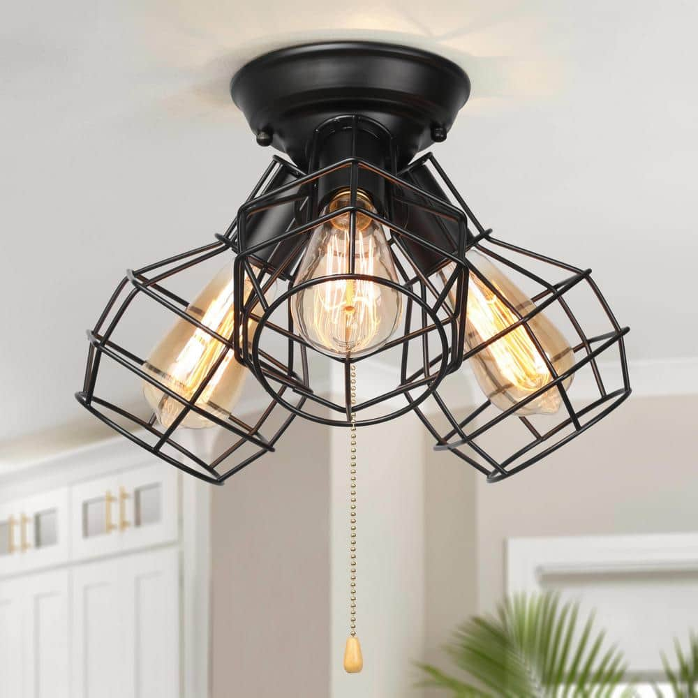 Industrial Flush Mount Ceiling Light, 15" Black 3-Light Fixture with Cage Shade & Pull Chain