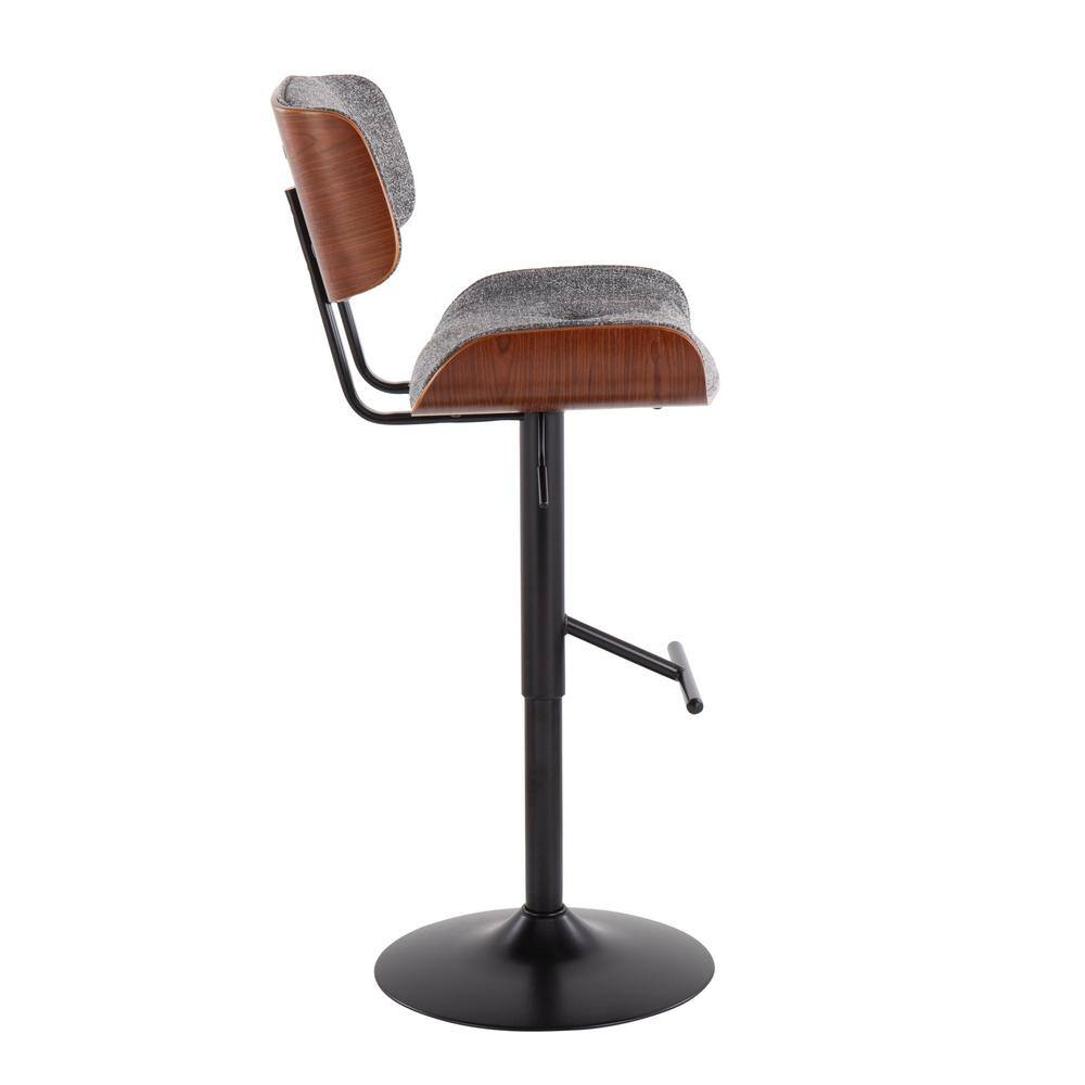 Lombardi Mid-Century Modern Barstool In Black Metal And Grey Noise Fabric With Walnut Wood Accent