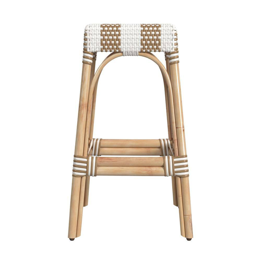 Tan and White Striped Rattan Backless Bar Stool, 30"