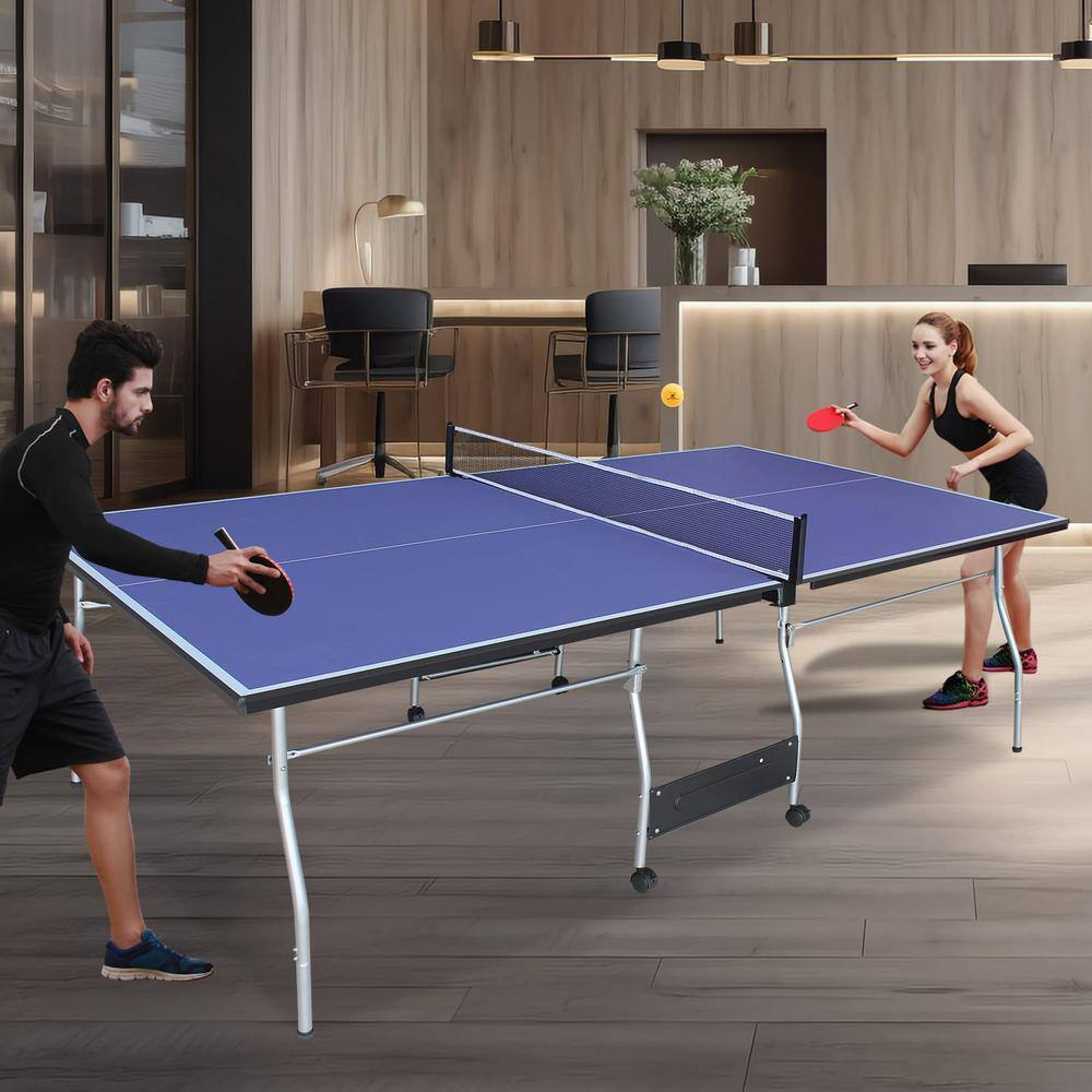 8 ft Blue Foldable Outdoor Table Tennis Set with Net and Paddles