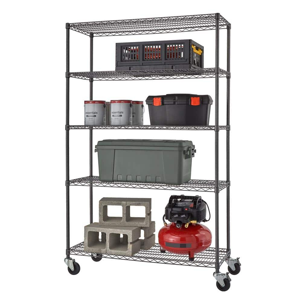 Industrial Black Steel 5-Tier Wire Shelving Unit with Wheels