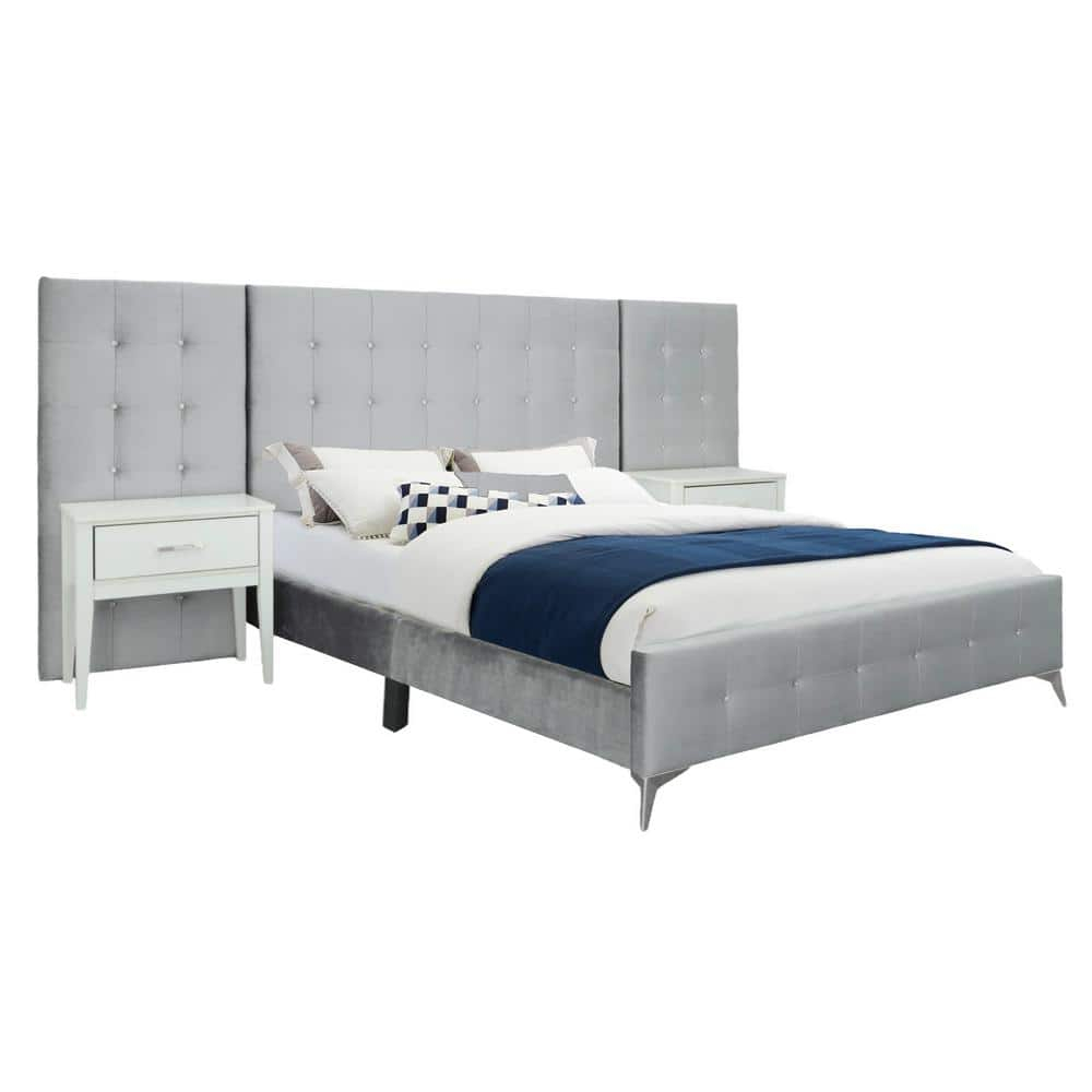 Picket House Furnishings 133"W Wood King Bed with 2 Nightstands in Silver Grey