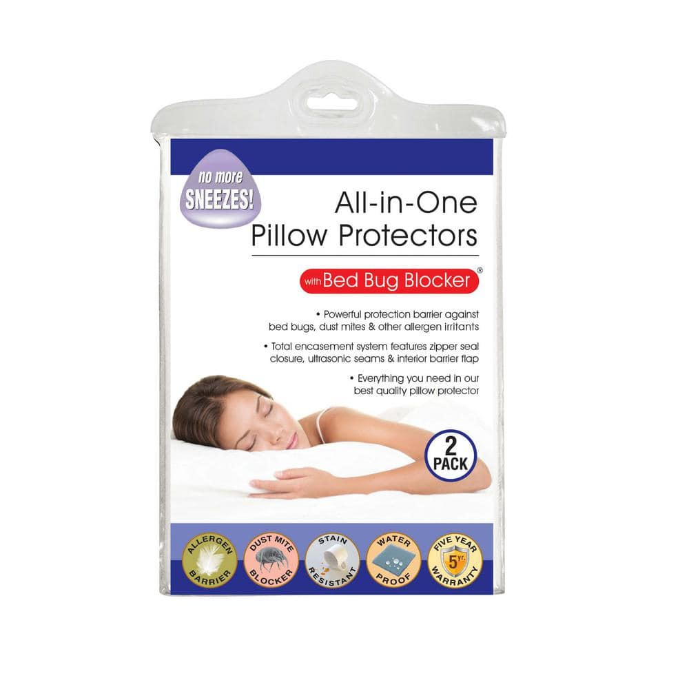All-in-One Bed Bug Blocker Water Resistant Zippered Pillow Protector, Standard/Queen, 2 Pack