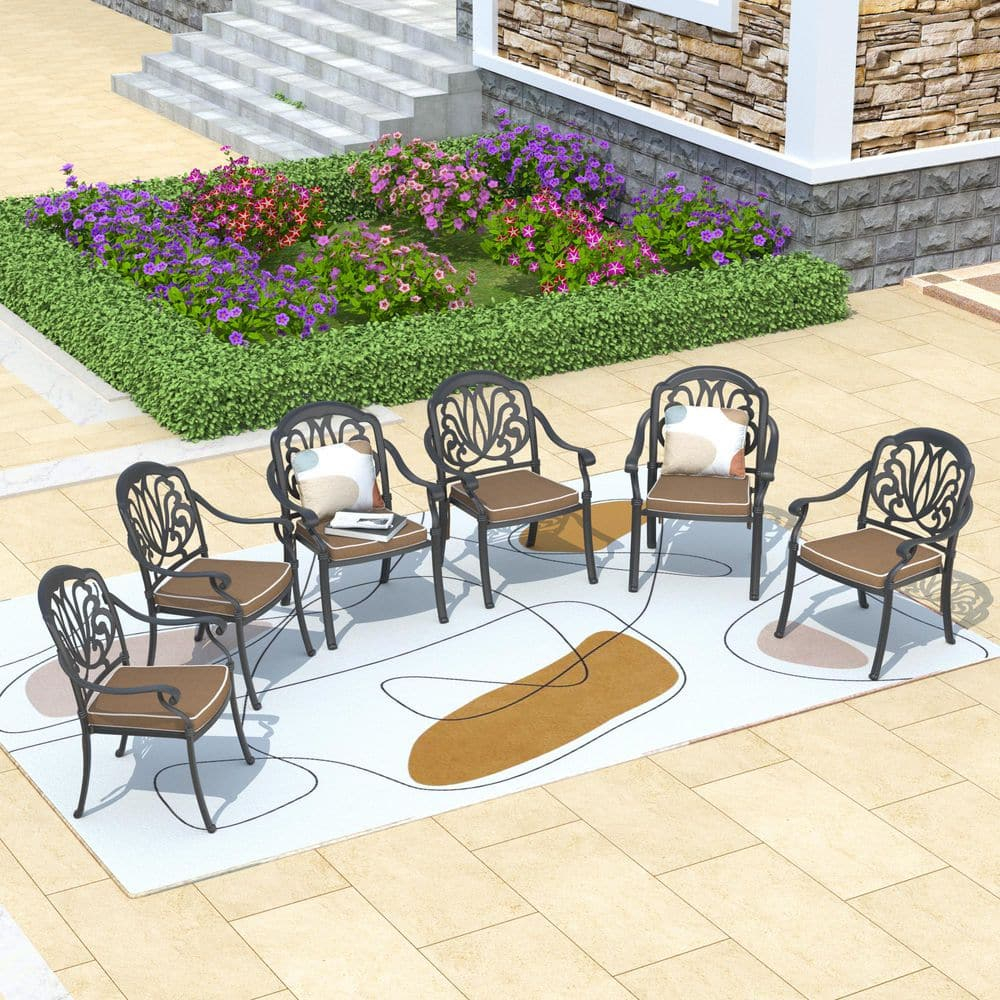 Hzzkey Outdoor Aluminum Dining Arm Chairs - Set of 6, Black, Random Color Cushions