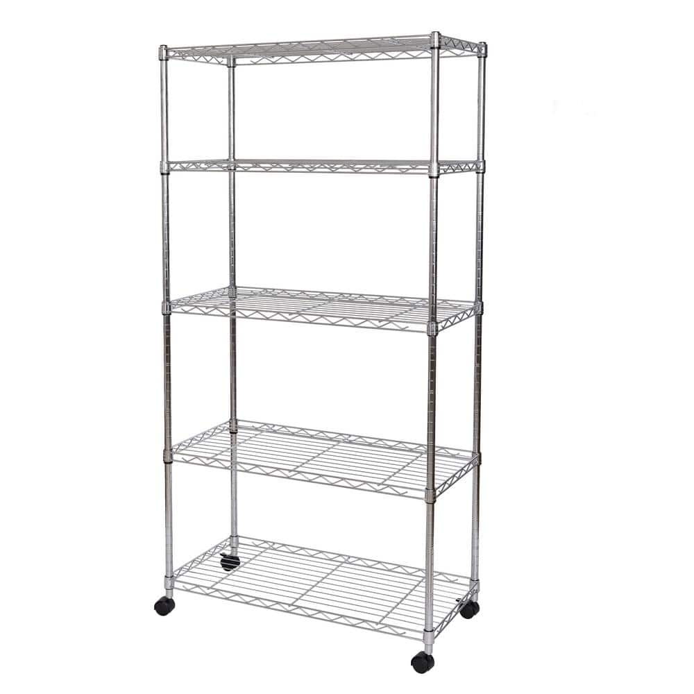 Seville Classics 5-Tier Steel Wire Shelving with Wheels, 30" W x 14" D x 60" H, Chrome Plated