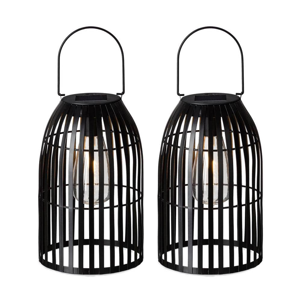 9.75" Black Metal Solar Powered Outdoor Hanging Lantern Set