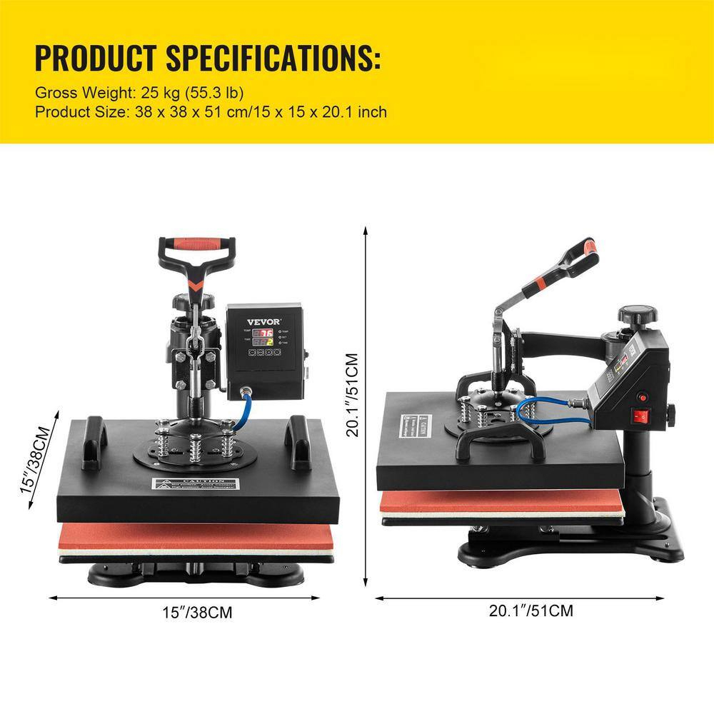 VEVOR Heat Press Machine - 6 in 1 Combo Heat Press Sublimation Machine for DIY T-Shirts/Hats/Mugs/Heat Transfer Projects, 15x15 Multifunction Swing Away Heat Press with 360° Rotation