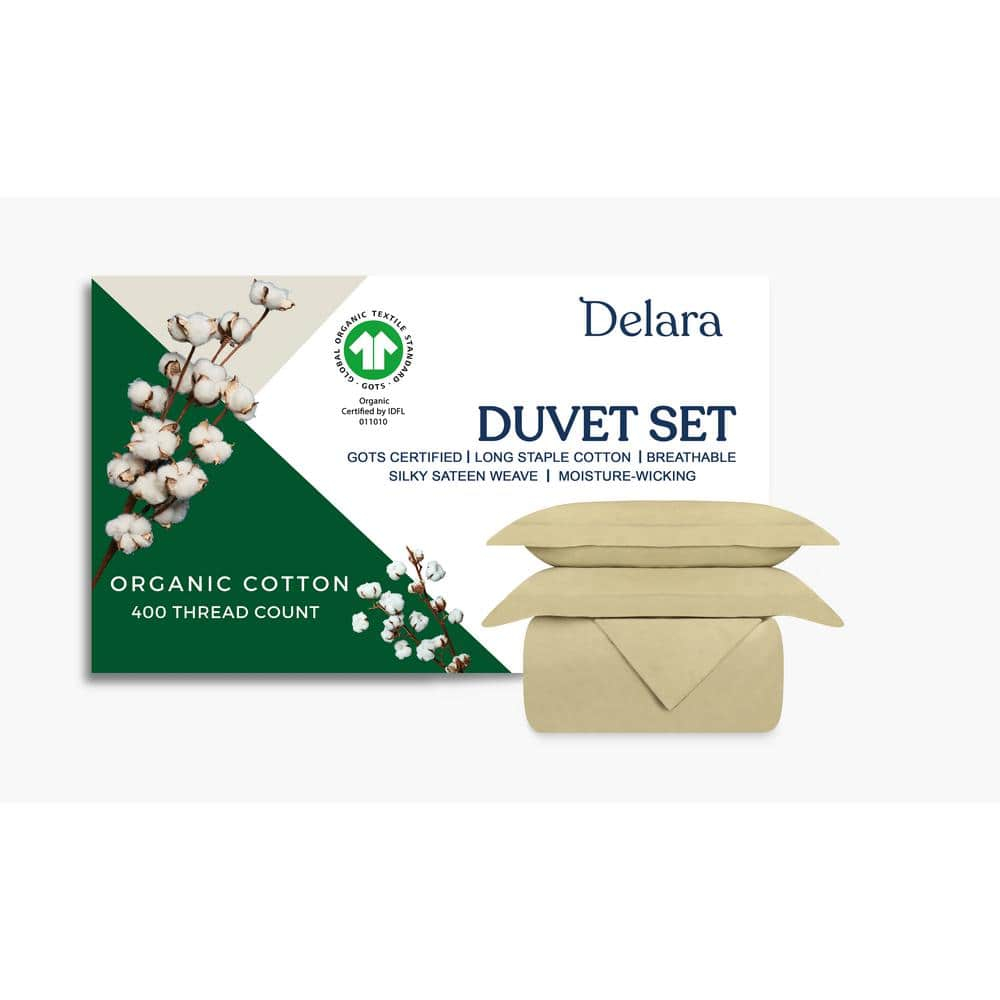 Delara GOTS Certified 100% Organic Cotton Duvet Cover Set 400TC, Ultra Soft, Silky, Moisture-Wicking, Smooth & Breathable, Duvet for Hot Sleepers with 8 Internal Ties