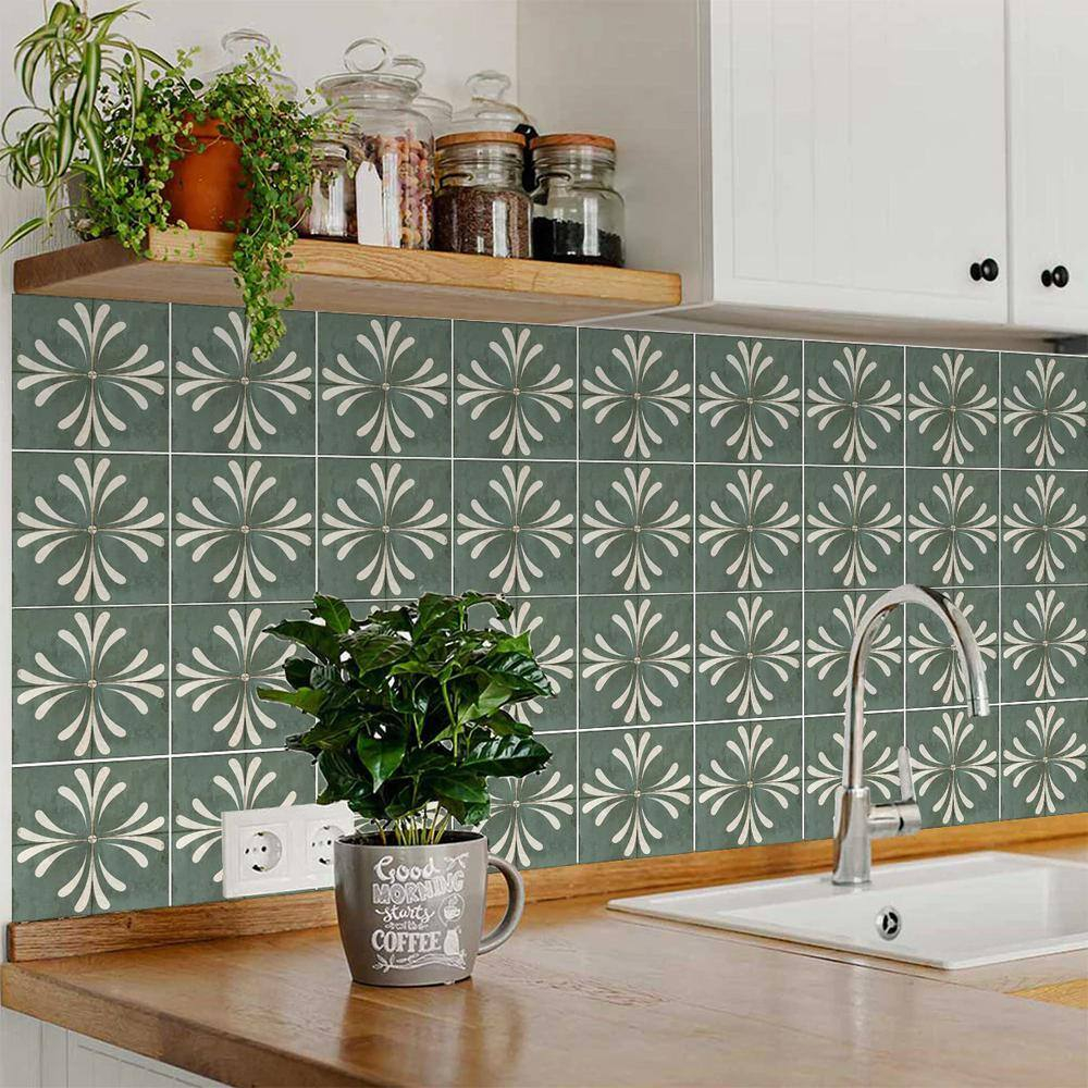 Mi Alma Dark Gray Vintage Flower Peel & Stick Tiles - Vinyl Backsplash 8x8