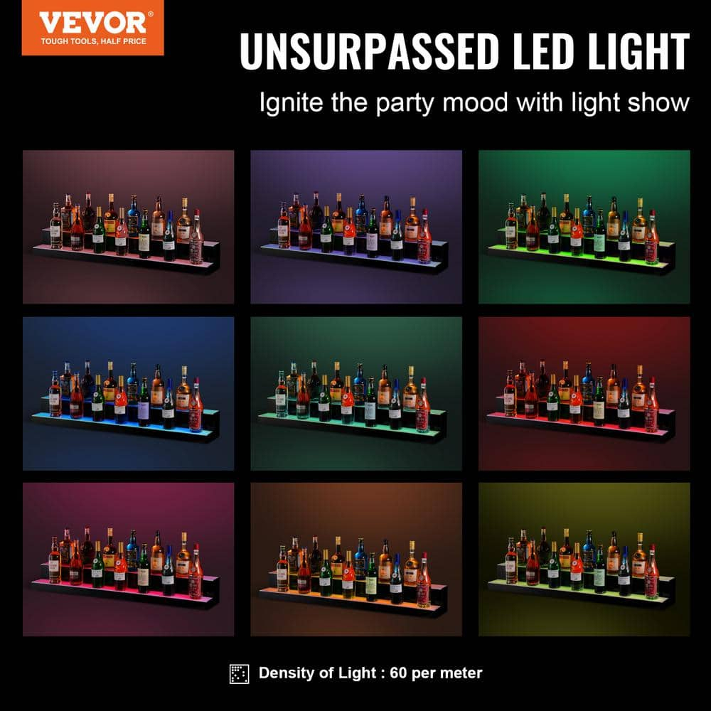 VEVOR LED Lighted Liquor Bottle Display, 2 Tiers 48 Inch Commercial Illuminated Home Bar Shelf, 2 Steps Whiskey Rack Stand, Acrylic Drink Shelves with RF Remote & App Control, and Multicolor Lighting