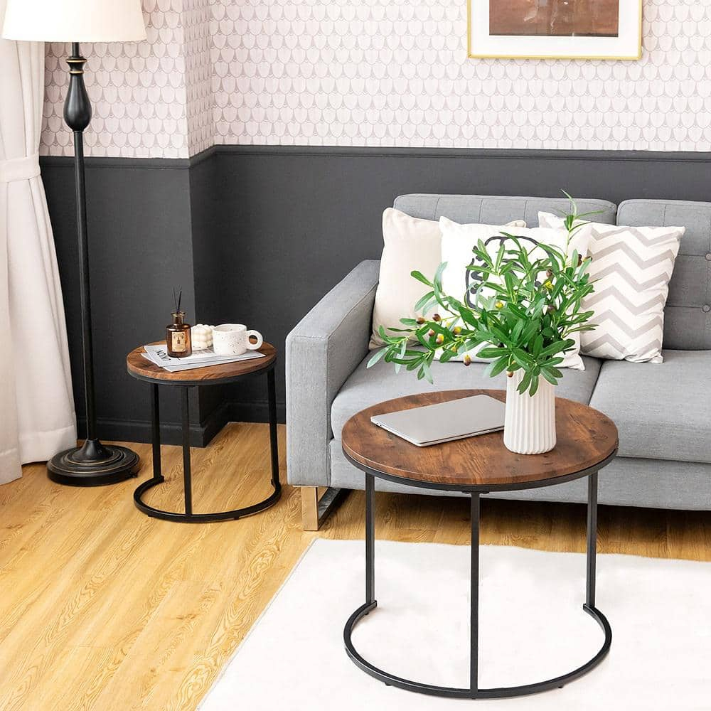 Costway Nesting Coffee Table Set of 2 for Balcony Living Room Modern Round Side Tables Rustic Brown