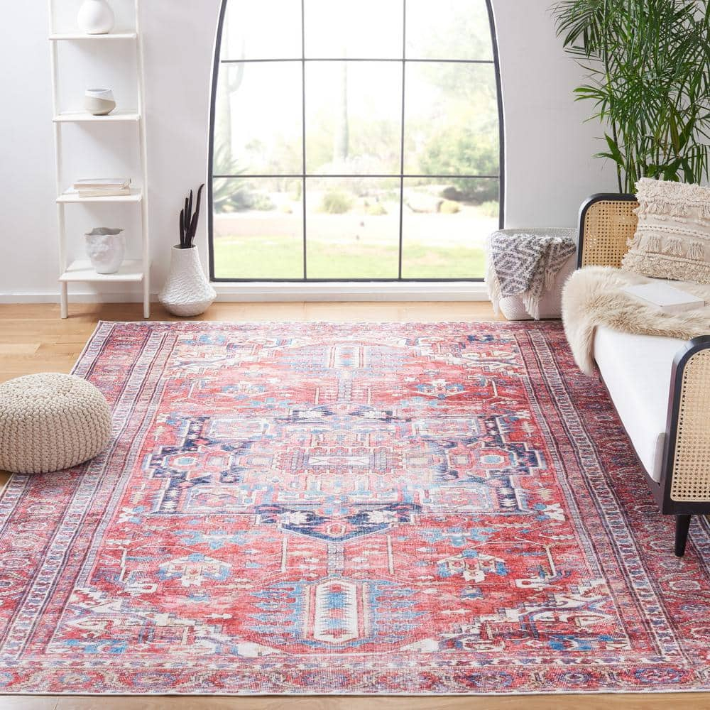 SAFAVIEH Serapi Doncho Traditional Machine Washable Area Rug, Red/Navy, 6'7" x 9'