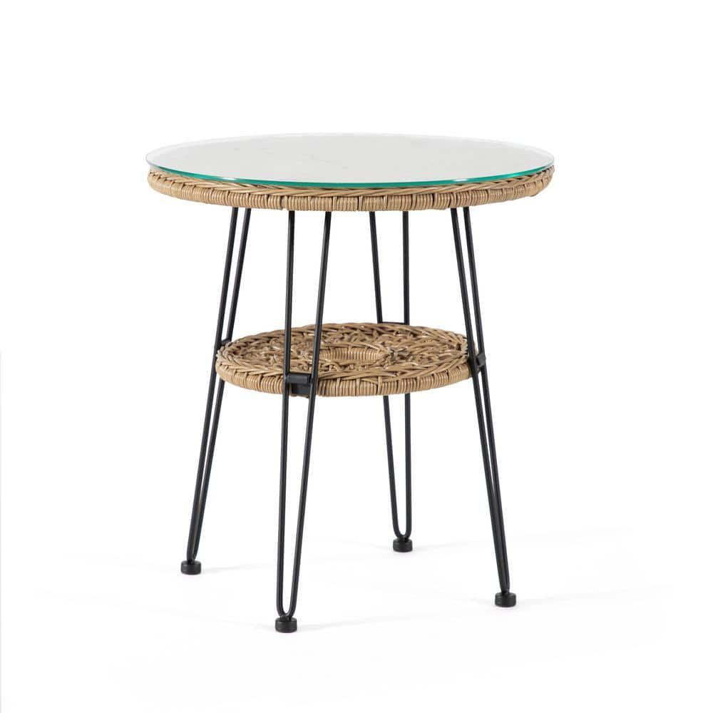 Furniture of America Noma Round 1-Shelf Metal and Rattan Natural Coffee Table with Glass Top
