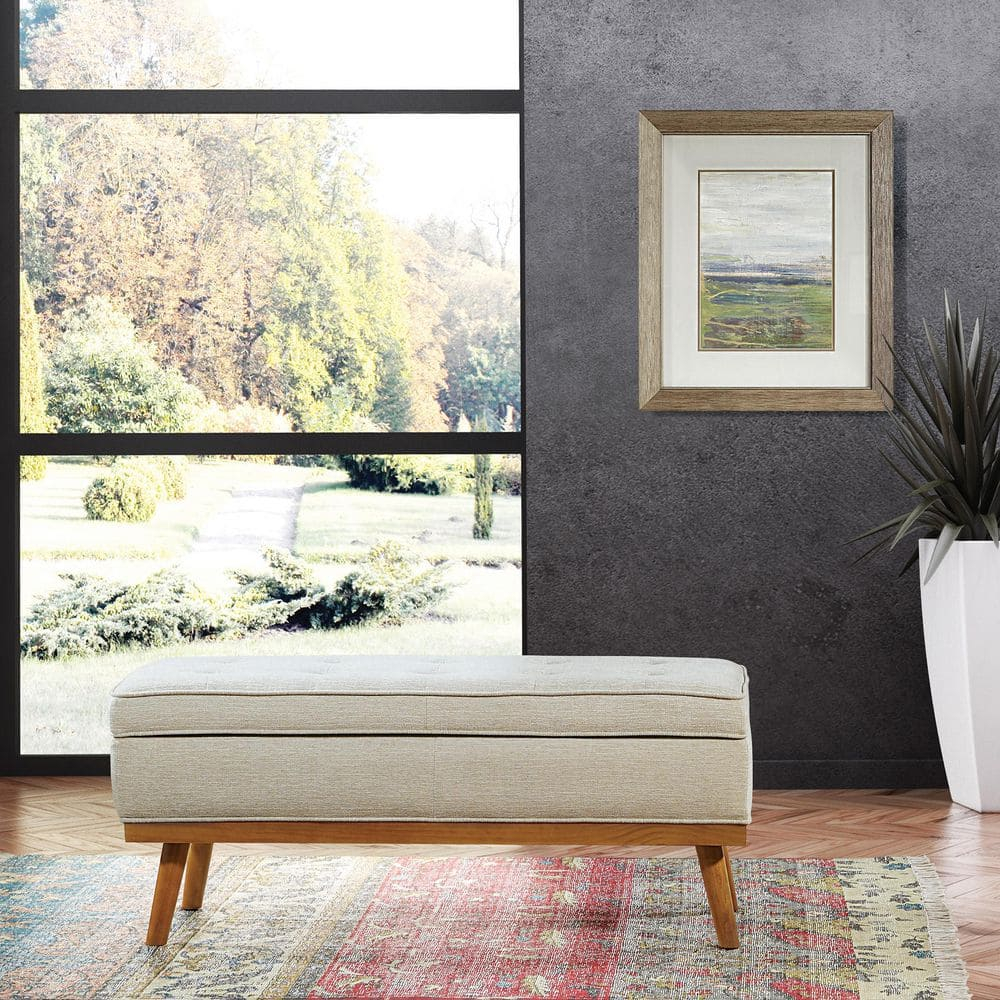 Katheryn Storage Bench in Linen Beige Fabric with Light Espresso Legs