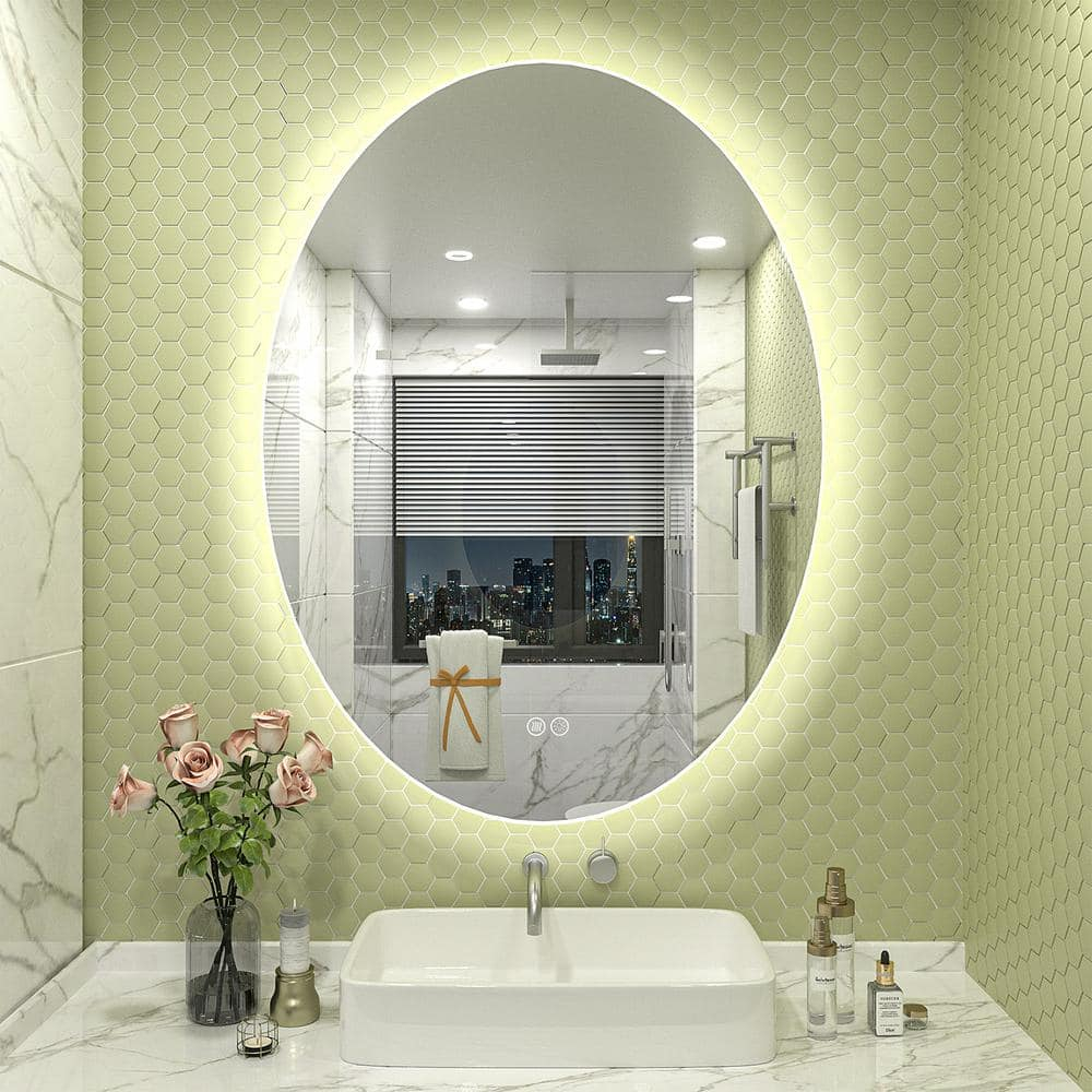 Apmir 28x20 Oval LED Wall Mirror with Backlit, Frameless Anti Fog LED Bathroom Vanity Mirror，Dimmable 3 Colors, Memory Function